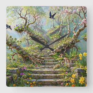 Relógio Quadrado Escadaria Surrealista de Primavera Engole Flores S