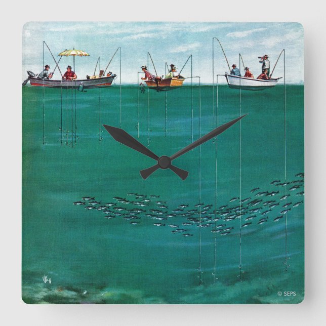 Relógio Quadrado Escola de Peixes entre Linhas por Thornton Utz (Frente)