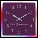 Relógio Quadrado ESCOLHA SUA COR, Púrpura Mínima Padrão<br><div class="desc">ESCOLHA A SUA PRÓPRIA COR DE FUNDO para decorar este relógio personalizado. O padrão é roxo. Você pode mudar facilmente o texto e a cor de fundo - ou manter minha sofisticada design minimalista de berinjela e cinza de. Que presente maravilhoso para um noivado, casamento, chá de panela ou novo...</div>