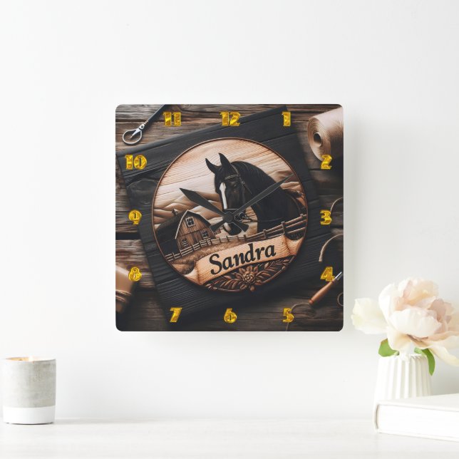 Relógio Quadrado Escultura Personalizada de Madeira de Cavalo e Cel (Lar)