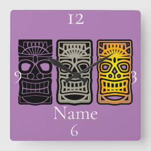 Relógio Quadrado Esculturas de Tiki triplas Thunder_Cove