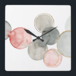 Relógio Quadrado Esferas Douradas<br><div class="desc">Esferas de Gilded I por Grace Popp. Apresenta cinzas de aquarela e círculos cor-de-rosa em vários lados.</div>