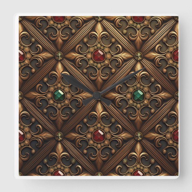 Relógio Quadrado Esmeraldas E Esfregões Em Um Design De Ornamentado (Frente)