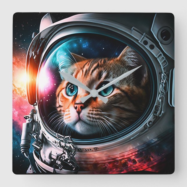 Relógio Quadrado Espaço Engraçado Astronauta Gatinho Galáxia Univer (Frente)