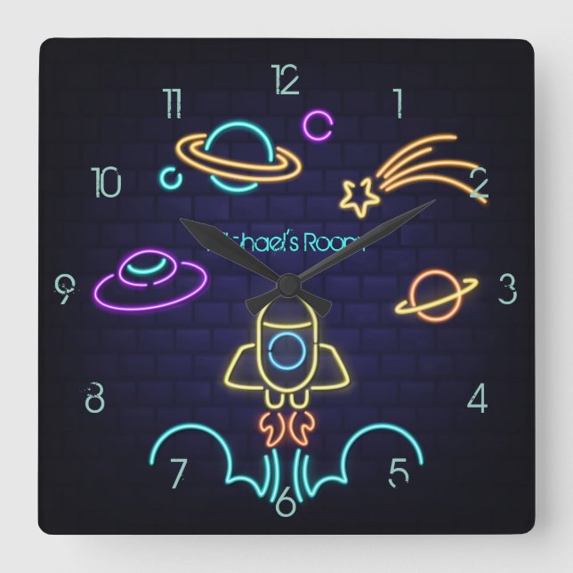Relógio Quadrado Espaço Infantil Tema Luz Neon (Frente)