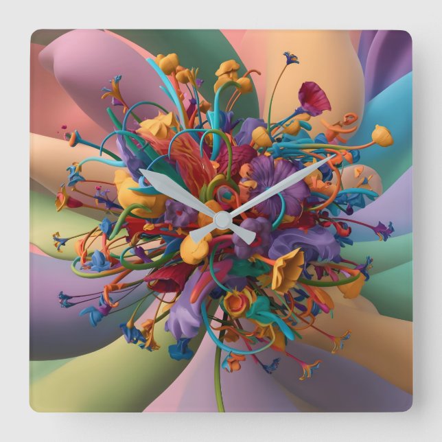 Relógio Quadrado Espetáculo Floral Reproduzível: Decoração Doméstic (Frente)