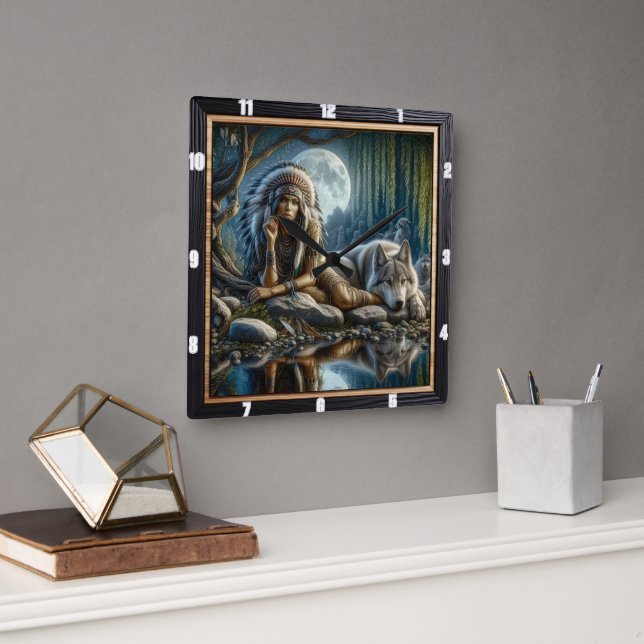 Relógio Quadrado Espírito Nativo: Luz Ouro Fluente (Escritório)