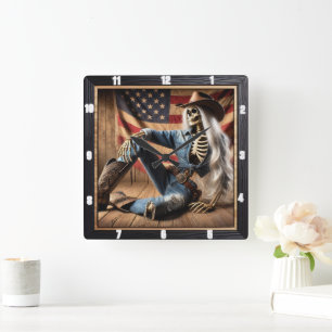 Relógio Quadrado Esqueleto de na moda na bandeira americana do Ataq