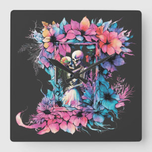 Relógio Quadrado Esqueletos apaixonados. Um buquê de flores.