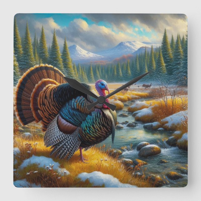 Relógio Quadrado Estação de Inverno Primeira Neve Peru Selvagem (Frente)