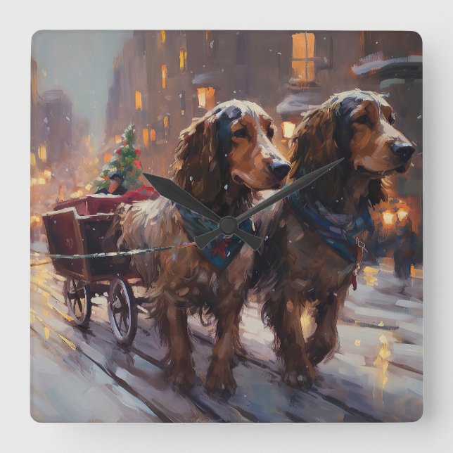 Relógio Quadrado Estação Festiva de Natal Inglês Cocker Spaniel (Frente)
