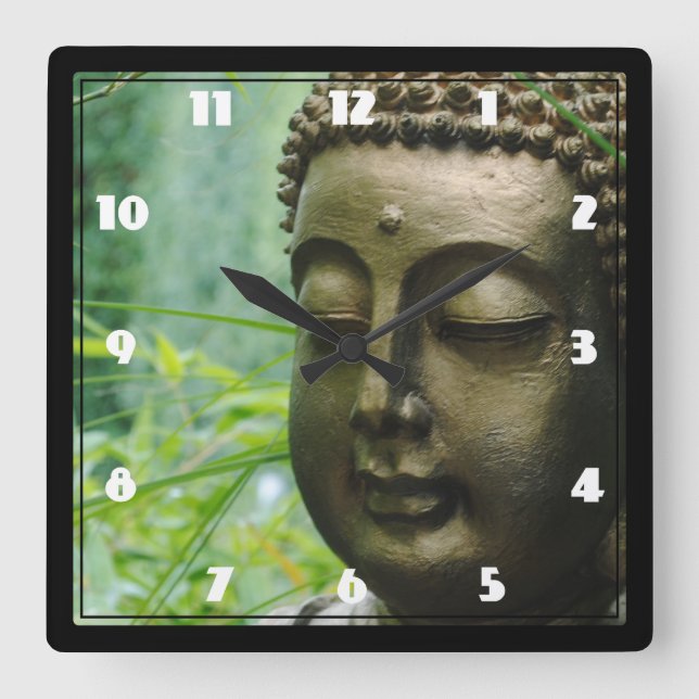 Relógio Quadrado Estátua Buda Pacífica numa Floresta Verde Folha (Frente)