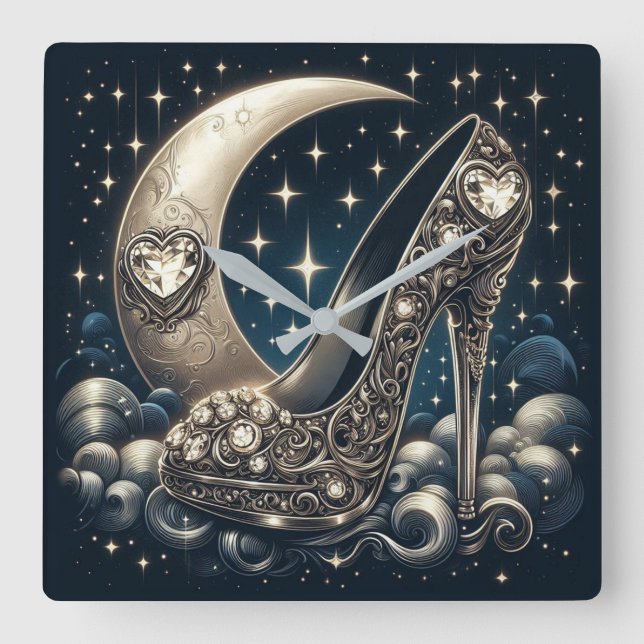 Relógio Quadrado Estiletto fascinável com Lua Crescente, (Frente)