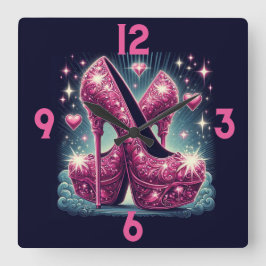 Relógio Quadrado Estilettos e Corações Rosa