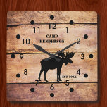 Relógio Quadrado Estilo Acríl do Plano do Campo de Moose Russo<br><div class="desc">Personalize este design de relógio de aparência rústica com seu próprio texto. O relógio de parede acrílico é impresso em um padrão de estilo de prancha de olhar de cedro acentuado com um alce preto silencioso. Ajustado especialmente excelente em qualquer cabine de montanha, alojamento de campos de caça ou decor...</div>