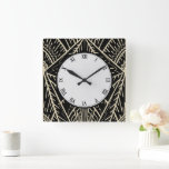 Relógio Quadrado Estilo Art Deco Esboço a Preto e Dourado<br><div class="desc">preto, deco de arte, geométrico, padrão de abstrato, moderno, arte de linha de hetero, retro1920 clássico, ouro, art nouveau, esboço</div>