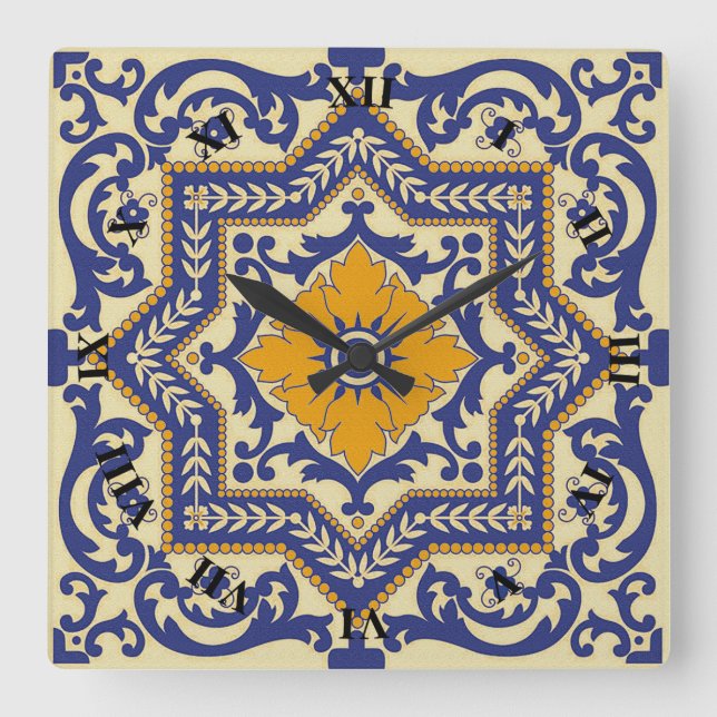 Relógio Quadrado Estilo Azulejo Cerâmico Blue Orange Clock (Frente)