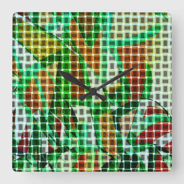 Relógio Quadrado Estilo das cestas com fitas curvas verdes (Frente)