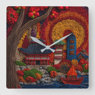 Relógio Quadrado Estilo Embroidered Paisagem do Templo Asiático na
