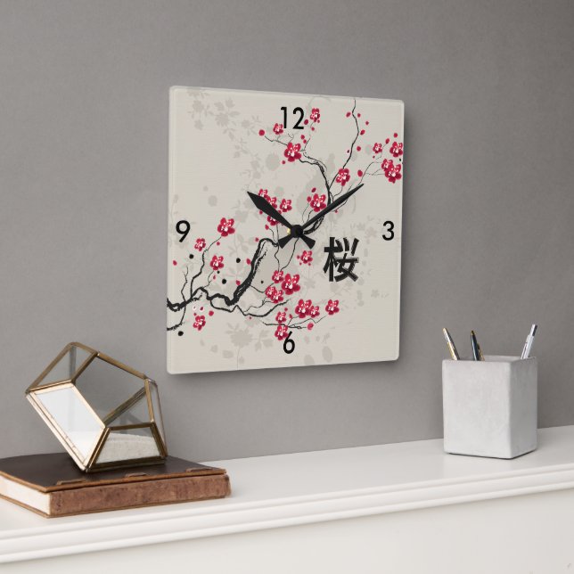 Relógio Quadrado Estilo Oriental Sakura Cherry Blossom Art (Escritório)