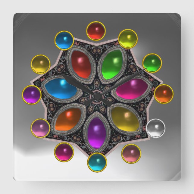 Relógio Quadrado ESTRELA brilhante com Cinza de GEMSTONAS COLORIDAS (Frente)