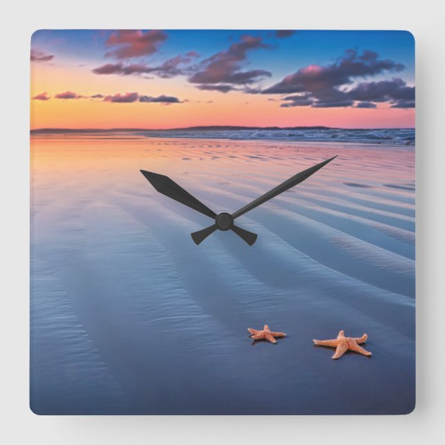 Relógio Quadrado Estrela do mar na areia (Frente)