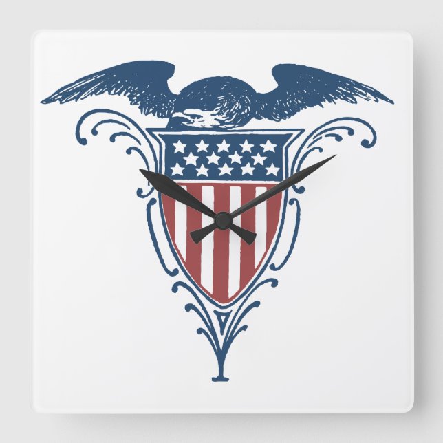 Relógio Quadrado Estrelas azuis brancas vermelhas de Eagle do (Frente)