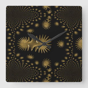 Relógio Quadrado estrelas de ouro fractal, fundo preto