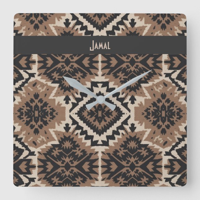 Relógio Quadrado Ethnic Tribal Mudcloth Black & Tan (Frente)