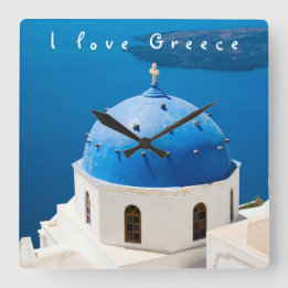 Relógio Quadrado Eu adoro a Grécia Church Santorini, foto azul e te