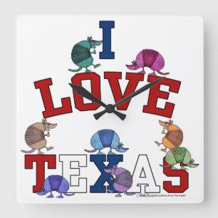 Relógio Quadrado Eu Amo Armadilos Coloridos do Texas