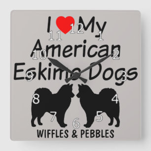 Relógio Quadrado Eu amo meus dois cães Eskimo americanos
