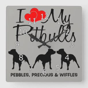 Relógio Quadrado Eu amo meus TRÊS Pitbulls