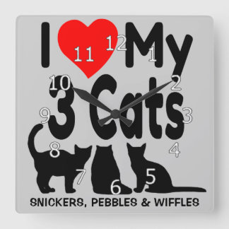 Relógio Quadrado Eu Amo Os Meus Três Gatos