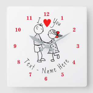 Relógio Quadrado Eu Amo Você - Casal Bonito - Texto Personalizado