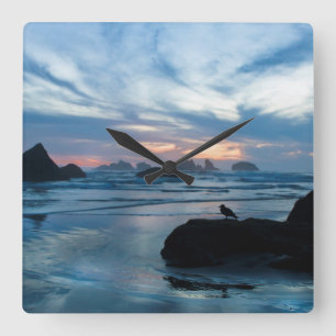 Relógio Quadrado EUA, Oregon, Bandon Beach. Gaivota na rocha