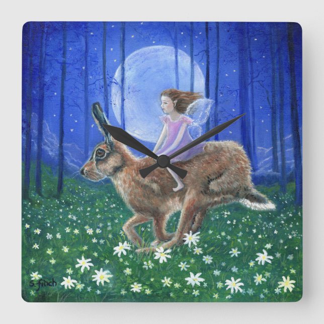 Relógio Quadrado Fada da Lebre da Lua de Primavera (Frente)