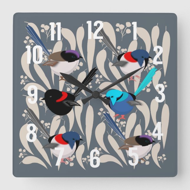 Relógio Quadrado Fairy Wrens (Frente)