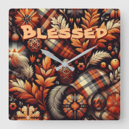 Relógio Quadrado Fall Autumn Plaid Leaves Orange Personalized