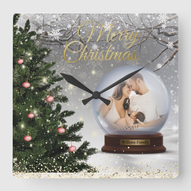 Relógio Quadrado Família do Nome do Monograma da Bola de Neve (Frente)