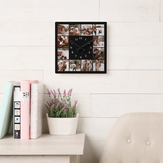 Relógio Quadrado Família Moderna 12 Colagem de Fotografias Black Ke (Sala de leitura)