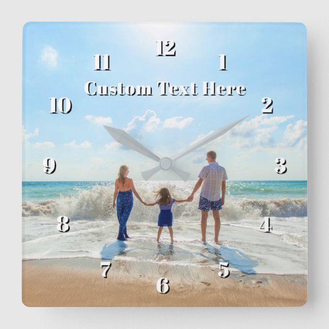 Relógio Quadrado Family Photo Wall Clock Personalized Text (Frente)