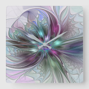 Relógio Quadrado Fantasia Abstrata Colorida Moderna Floral Fractal