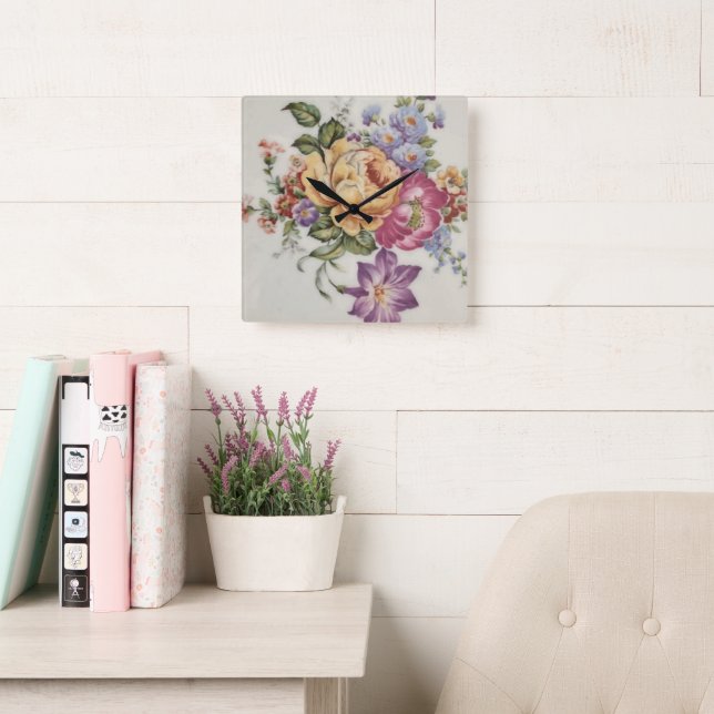 Relógio Quadrado Fantasia Floral  (Sala de leitura)
