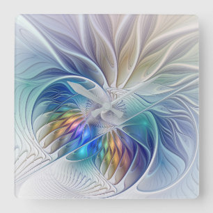 Relógio Quadrado Fantasia Floral, Flor Abstracta Colorida Fractal