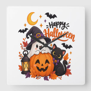 Relógio Quadrado Fantasma de Abóbora Feliz Halloween Gato Preto Fof