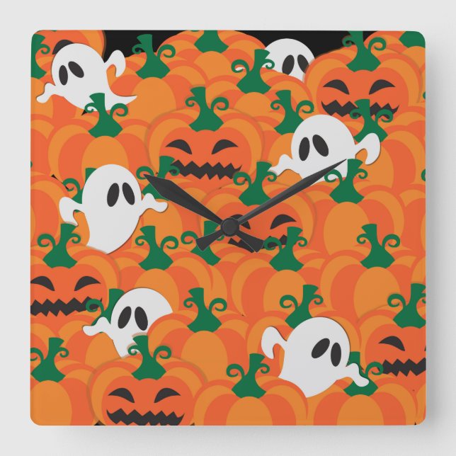 Relógio Quadrado Fantasmas de Halloween Pomar de Abóbora Assombrada (Frente)