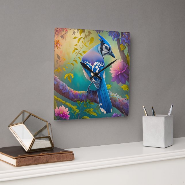 Relógio Quadrado Fantasy Birds Blue Jay (Escritório)
