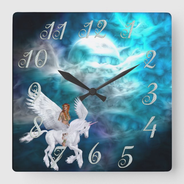 Relógio Quadrado Fantasy Sky Pegasus Wall Clock (Frente)