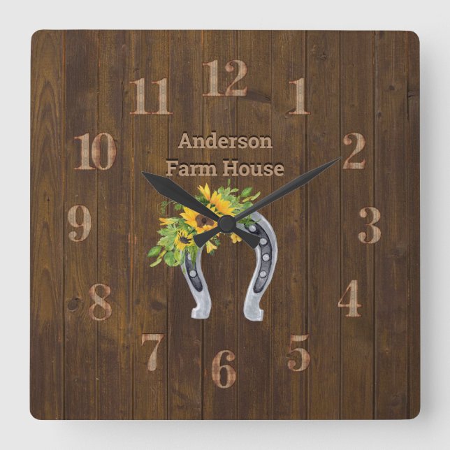 Relógio Quadrado Farmação de madeira rustica de celeiro ferradura s (Frente)